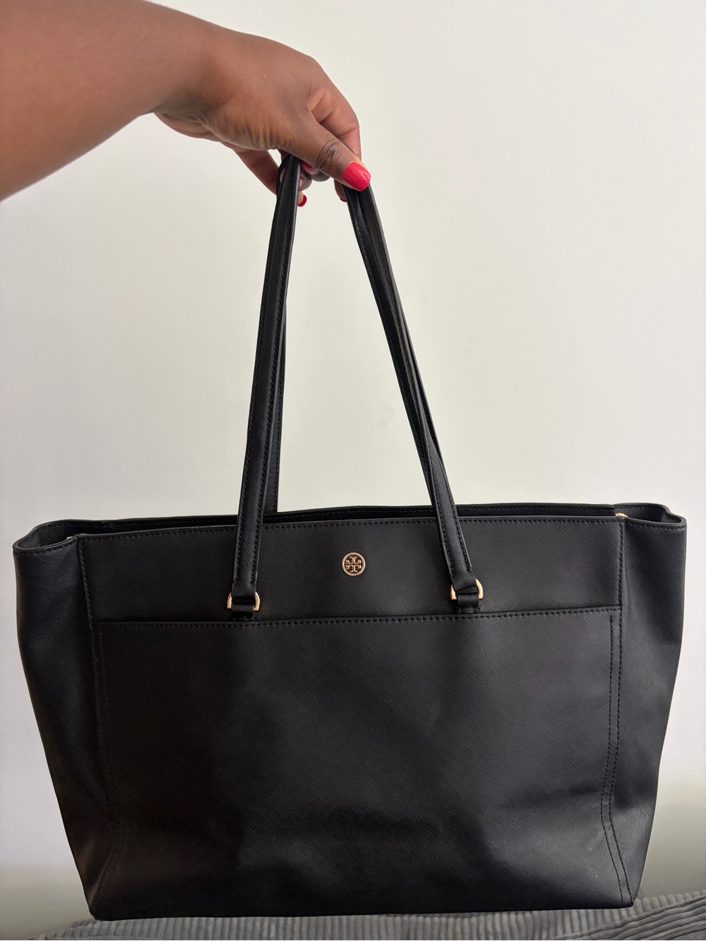 Tory Burch Black Leather Tote with Gold Logo